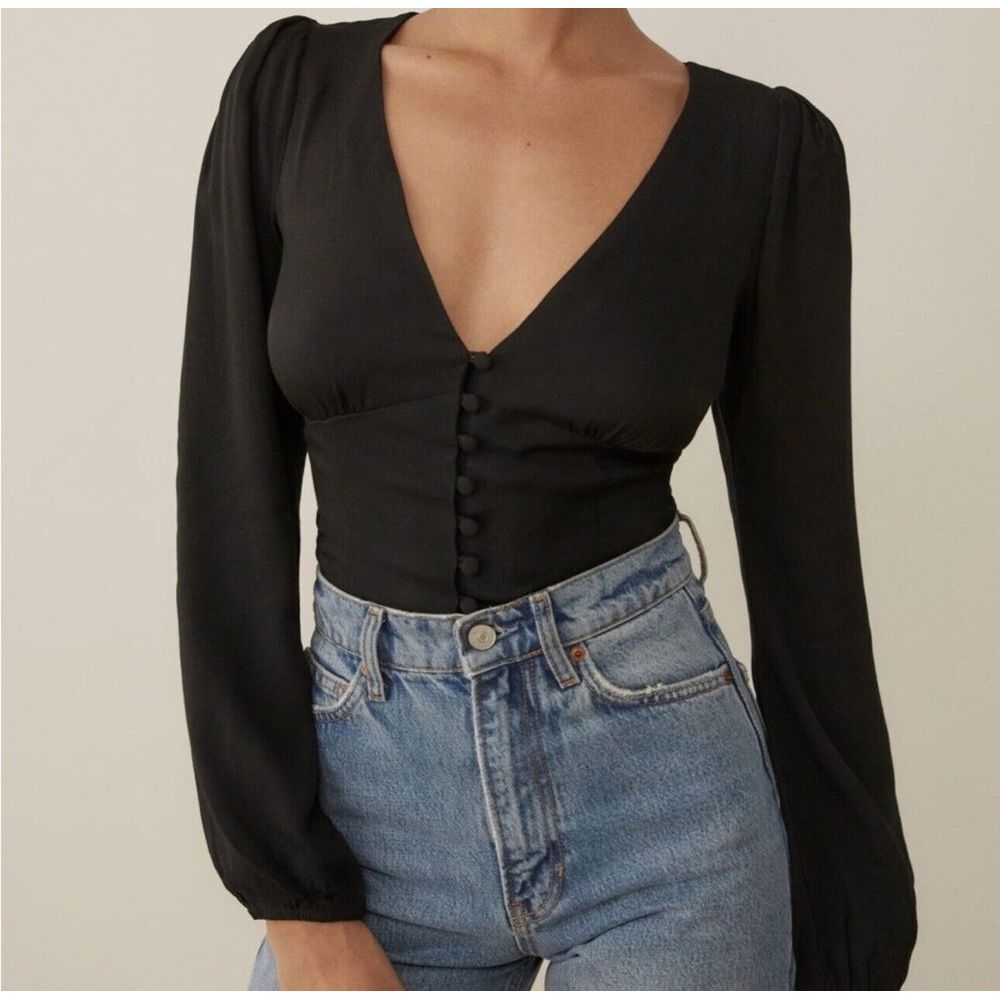 Reformation Nell‎ Top Black V Neck Long Sleeves Cropped Size XS Button Sheer